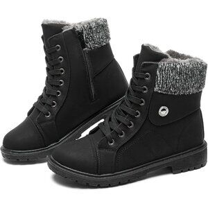 Women's Black FRACORA PU Leather Combat Boots Fur Lined Side Zipper Winter